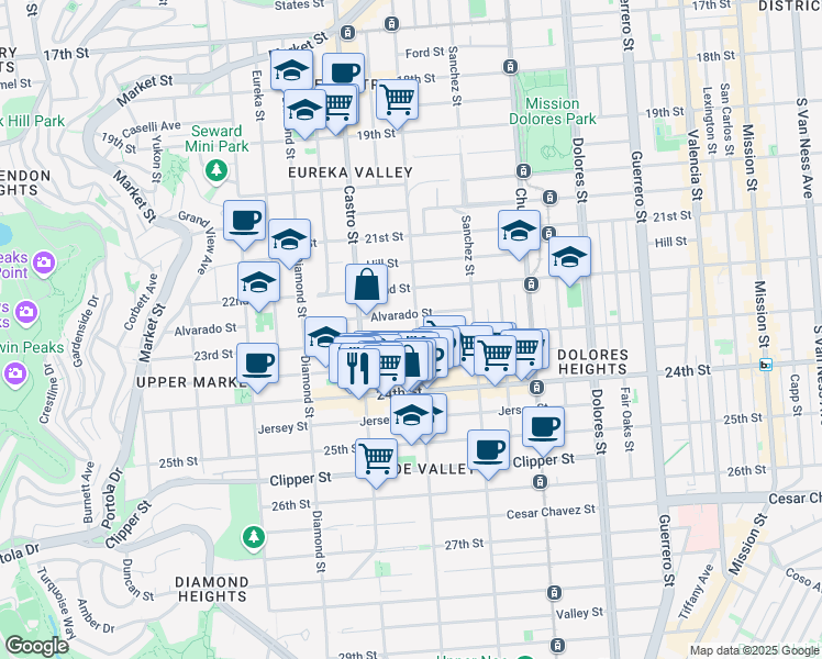 map of restaurants, bars, coffee shops, grocery stores, and more near 976 Noe Street in San Francisco