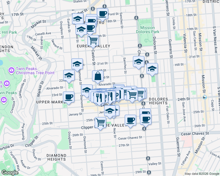 map of restaurants, bars, coffee shops, grocery stores, and more near 976 Noe Street in San Francisco