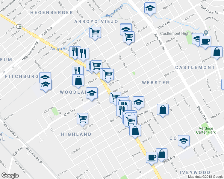 map of restaurants, bars, coffee shops, grocery stores, and more near 8530 International Boulevard in Oakland