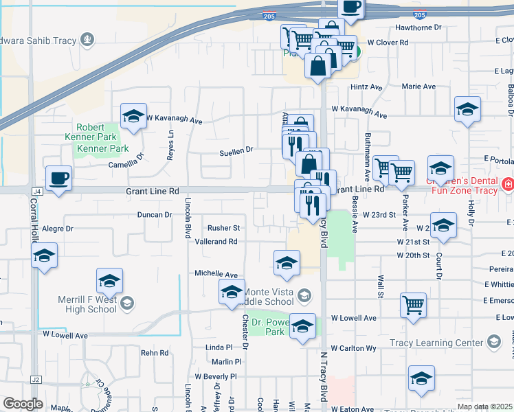 map of restaurants, bars, coffee shops, grocery stores, and more near 950 Grant Line Road in Tracy