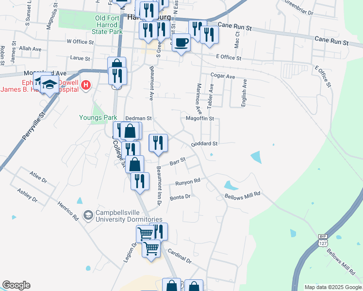 map of restaurants, bars, coffee shops, grocery stores, and more near 618 Beaumont Avenue in Harrodsburg