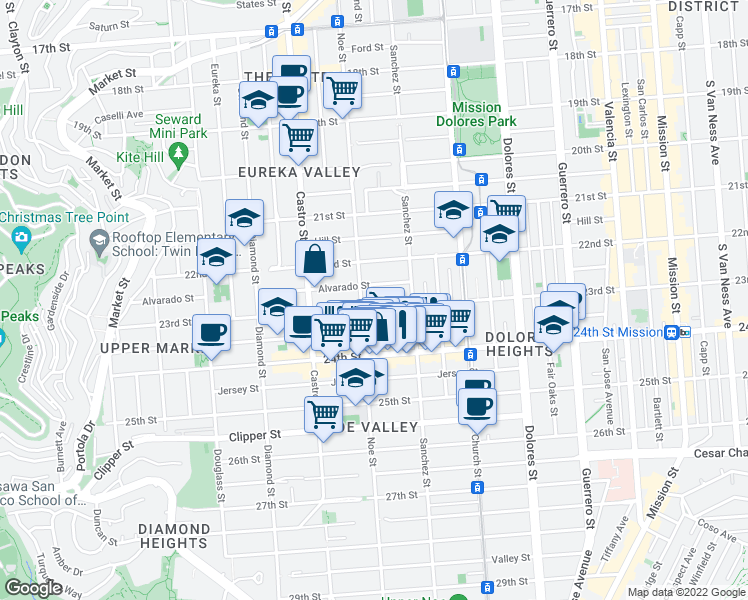 map of restaurants, bars, coffee shops, grocery stores, and more near 3974 23rd Street in San Francisco