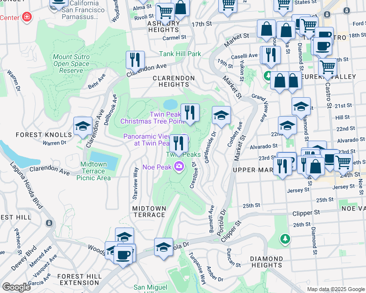 map of restaurants, bars, coffee shops, grocery stores, and more near 501 Twin Peaks Boulevard in San Francisco