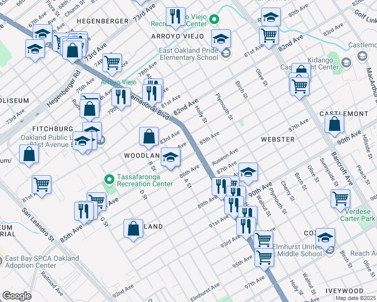 map of restaurants, bars, coffee shops, grocery stores, and more near 1351 85th Avenue in Oakland