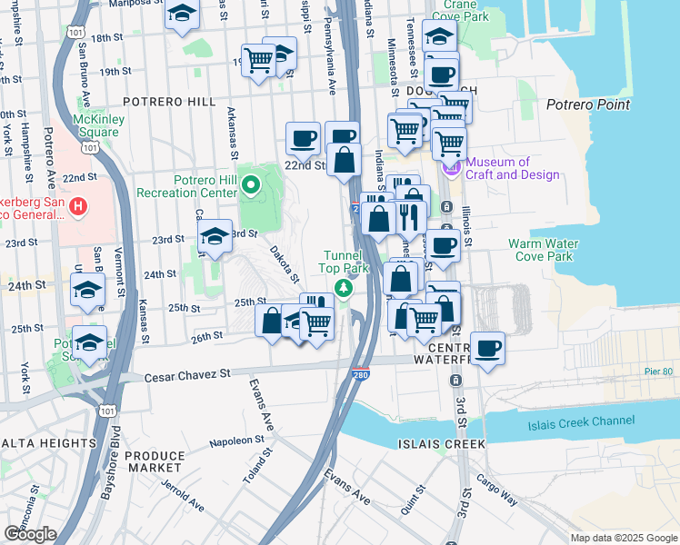 map of restaurants, bars, coffee shops, grocery stores, and more near 1082 Pennsylvania Avenue in San Francisco