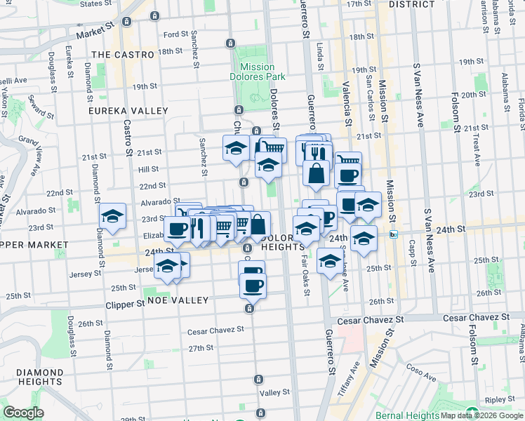 map of restaurants, bars, coffee shops, grocery stores, and more near 23rd St & Chattanooga St in San Francisco