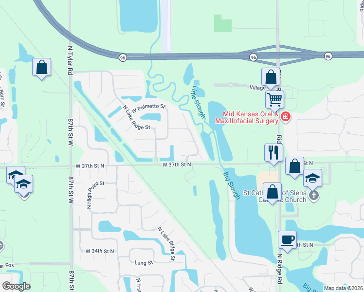 map of restaurants, bars, coffee shops, grocery stores, and more near 3849 North Lakecrest Court in Wichita