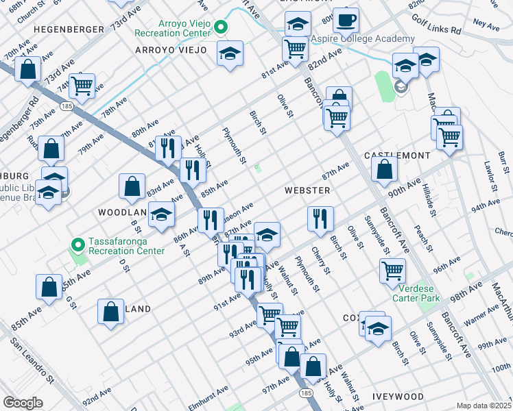 map of restaurants, bars, coffee shops, grocery stores, and more near 1638 Auseon Avenue in Oakland