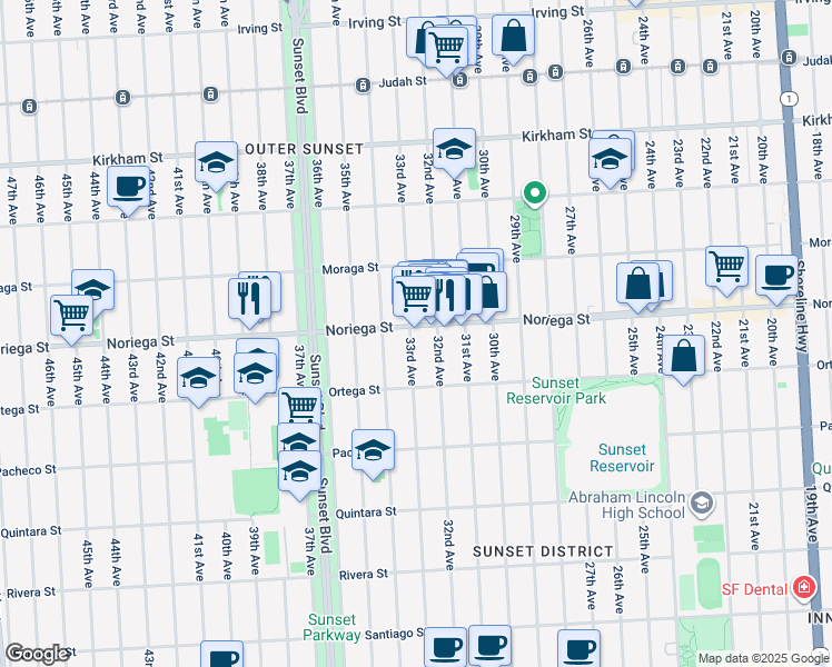 map of restaurants, bars, coffee shops, grocery stores, and more near 2551 Noriega Street in San Francisco