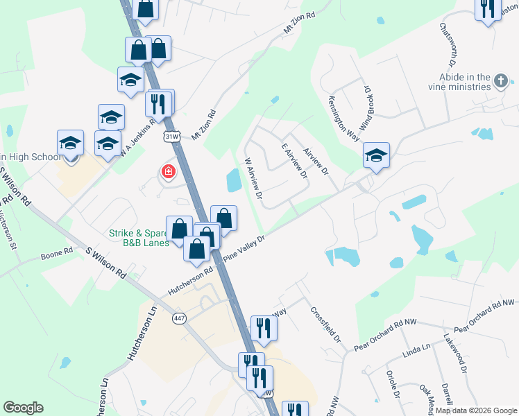 map of restaurants, bars, coffee shops, grocery stores, and more near 1-99 West Airview Drive in Elizabethtown