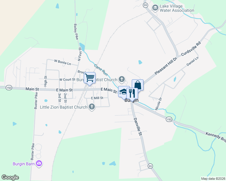 map of restaurants, bars, coffee shops, grocery stores, and more near 116 East Main Street in Harrodsburg