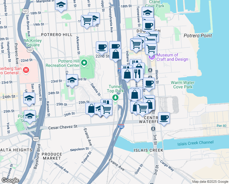 map of restaurants, bars, coffee shops, grocery stores, and more near 999 Pennsylvania Avenue in San Francisco