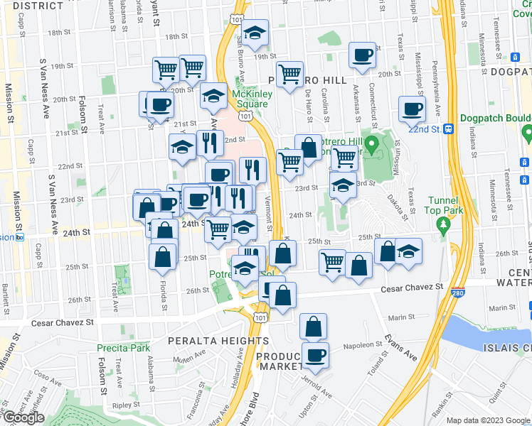 map of restaurants, bars, coffee shops, grocery stores, and more near 1270 Vermont Street in San Francisco