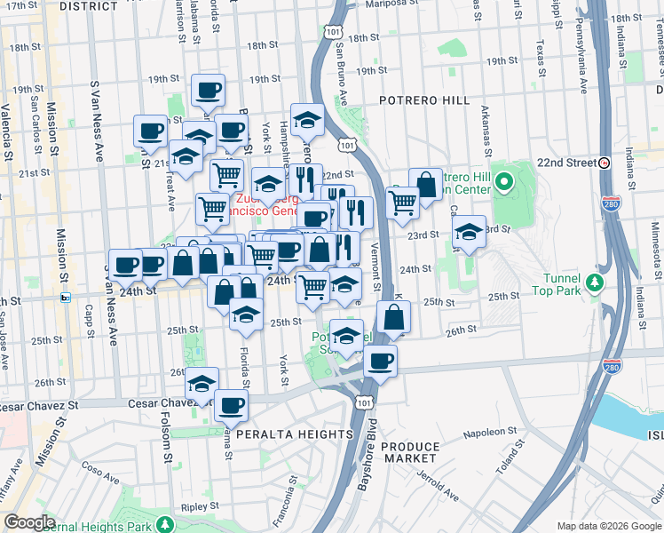 map of restaurants, bars, coffee shops, grocery stores, and more near in San Francisco