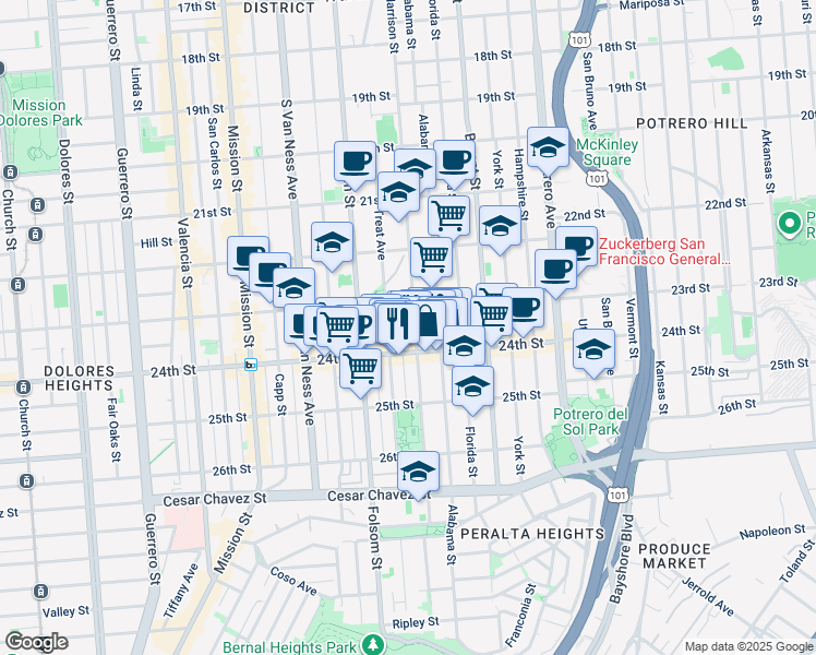 map of restaurants, bars, coffee shops, grocery stores, and more near in San Francisco