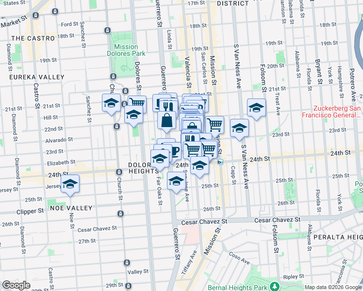 map of restaurants, bars, coffee shops, grocery stores, and more near 3555 23rd Street in San Francisco