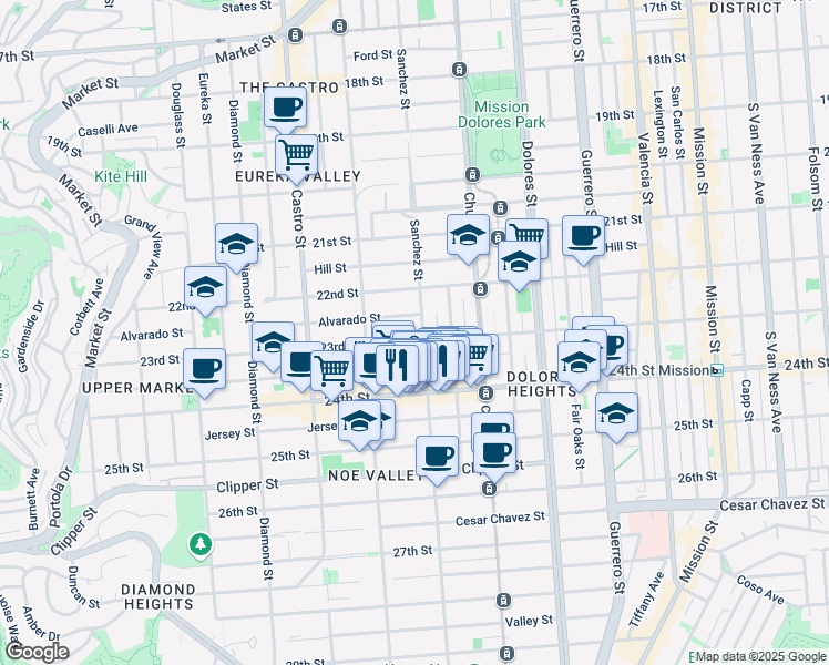 map of restaurants, bars, coffee shops, grocery stores, and more near 980 Sanchez Street in San Francisco