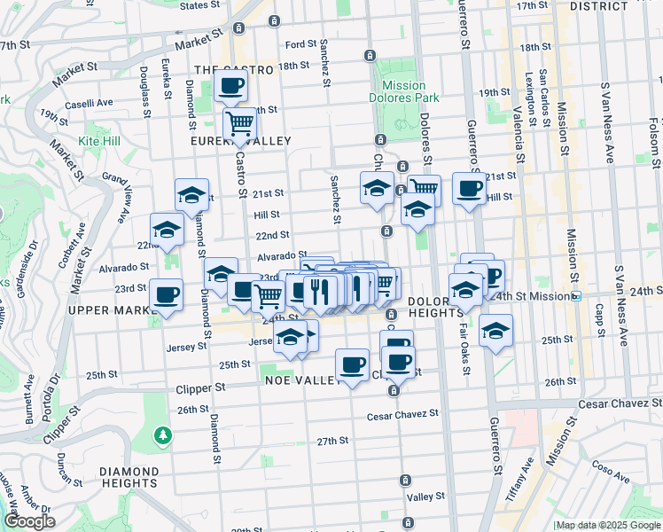 map of restaurants, bars, coffee shops, grocery stores, and more near 980 Sanchez Street in San Francisco