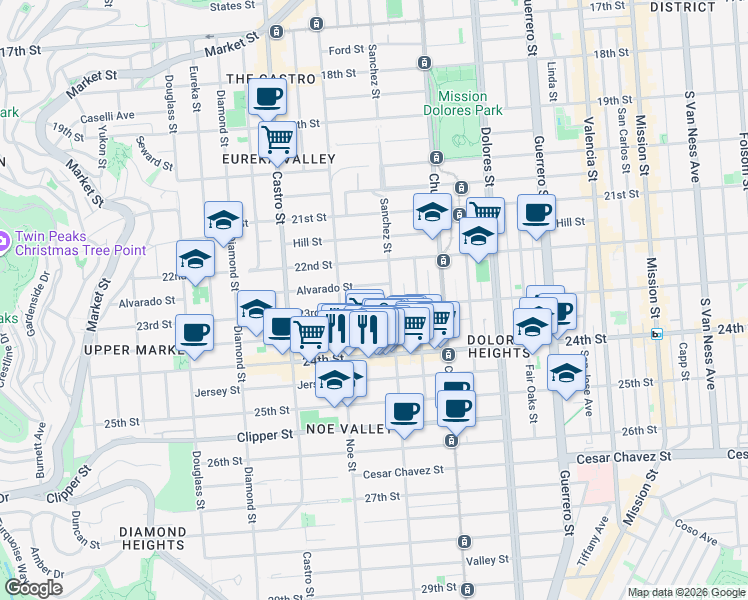 map of restaurants, bars, coffee shops, grocery stores, and more near 980 Sanchez Street in San Francisco