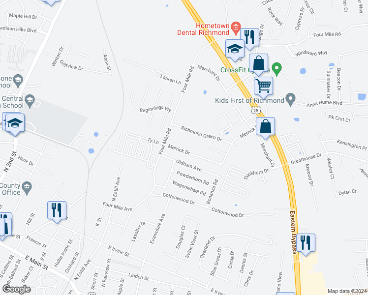 map of restaurants, bars, coffee shops, grocery stores, and more near 1017 Merrick Drive in Richmond