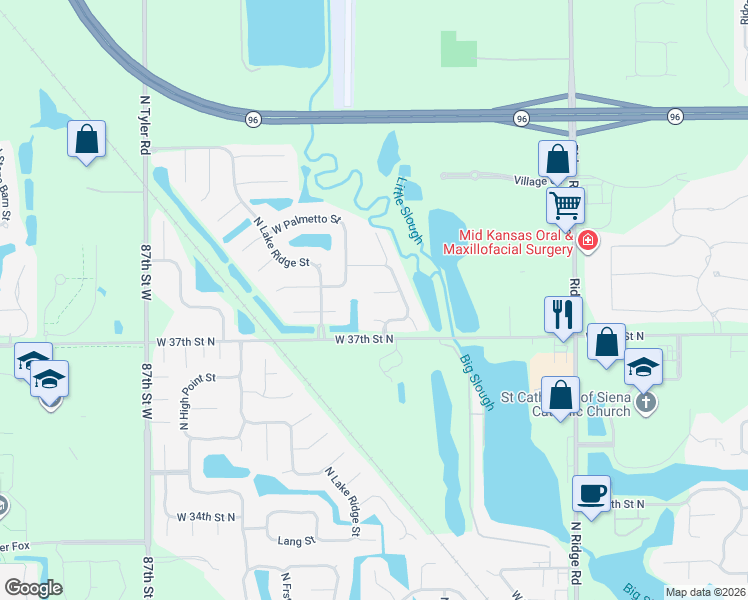 map of restaurants, bars, coffee shops, grocery stores, and more near 3849 North Lakecrest Court in Wichita
