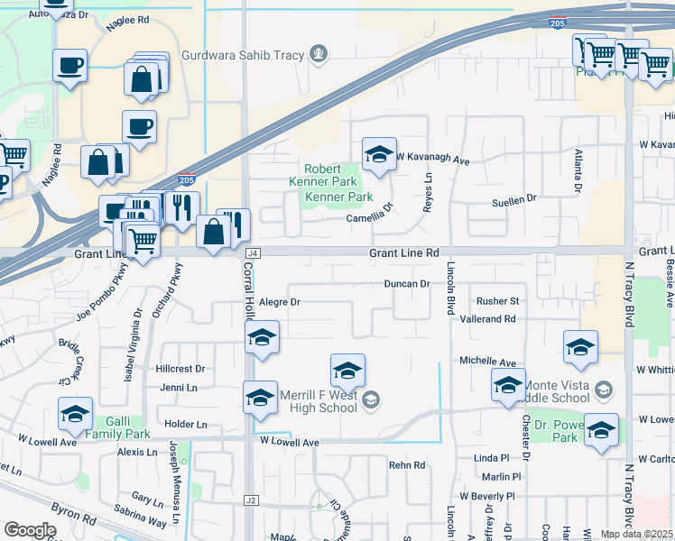 map of restaurants, bars, coffee shops, grocery stores, and more near 1760 Askren Ct in Tracy