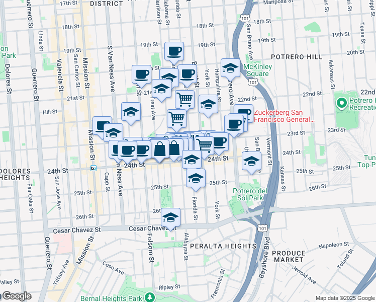 map of restaurants, bars, coffee shops, grocery stores, and more near 1156 Florida Street in San Francisco