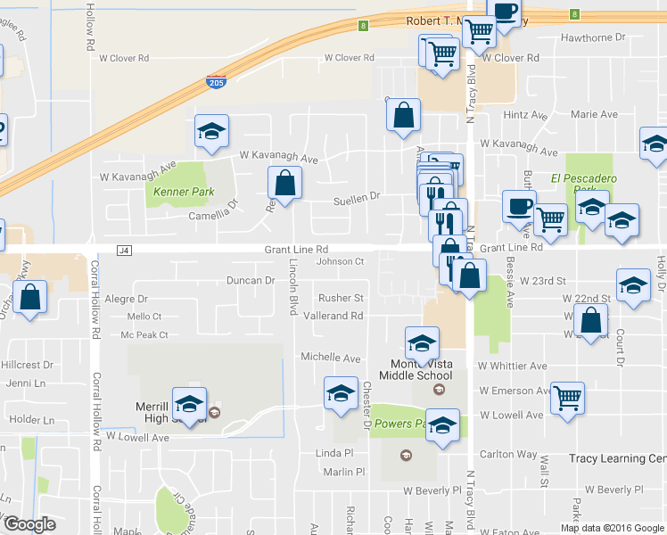 map of restaurants, bars, coffee shops, grocery stores, and more near 1258 Johnson Court in Tracy