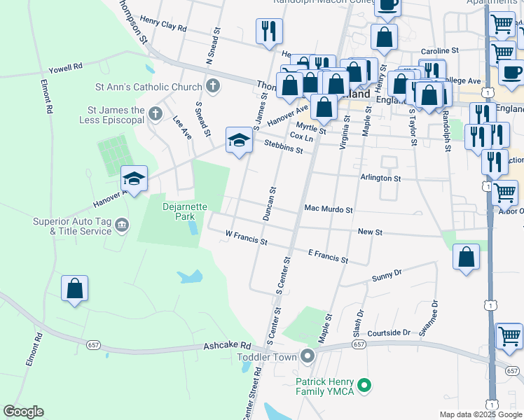 map of restaurants, bars, coffee shops, grocery stores, and more near 400 Duncan Street in Ashland