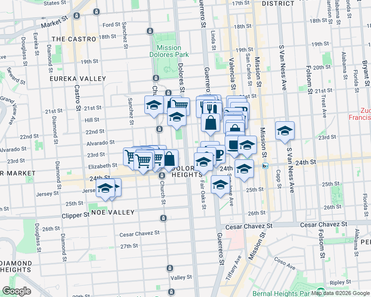 map of restaurants, bars, coffee shops, grocery stores, and more near Dolores St & 23rd St in San Francisco