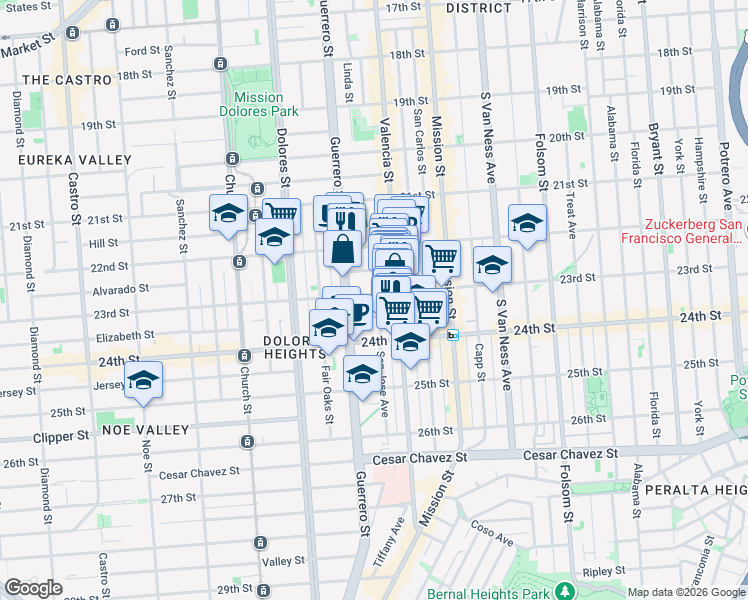 map of restaurants, bars, coffee shops, grocery stores, and more near 3555 23rd Street in San Francisco