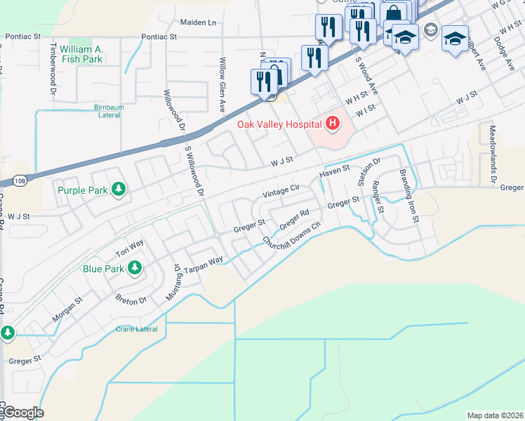 map of restaurants, bars, coffee shops, grocery stores, and more near 1868 Parkside Way in Oakdale