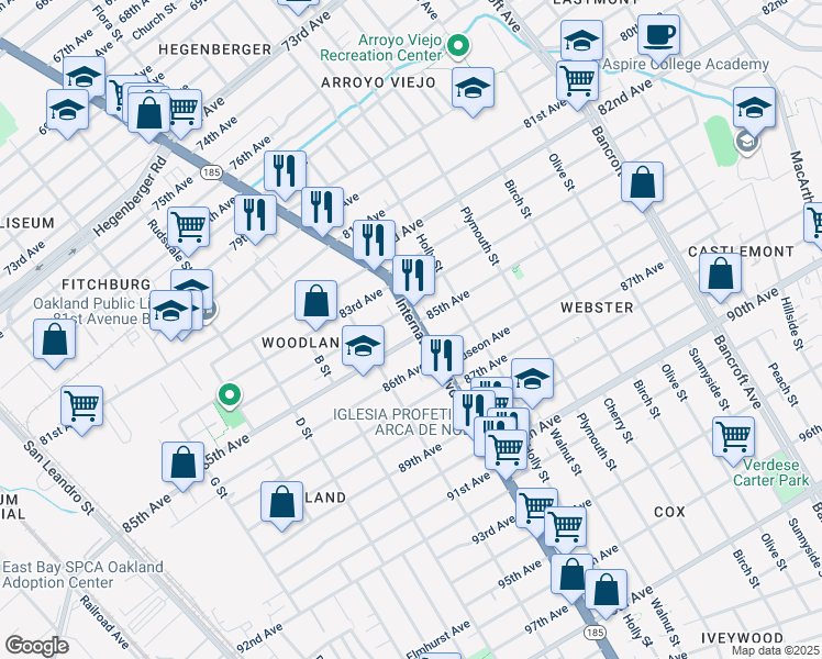 map of restaurants, bars, coffee shops, grocery stores, and more near 8429 International Boulevard in Oakland