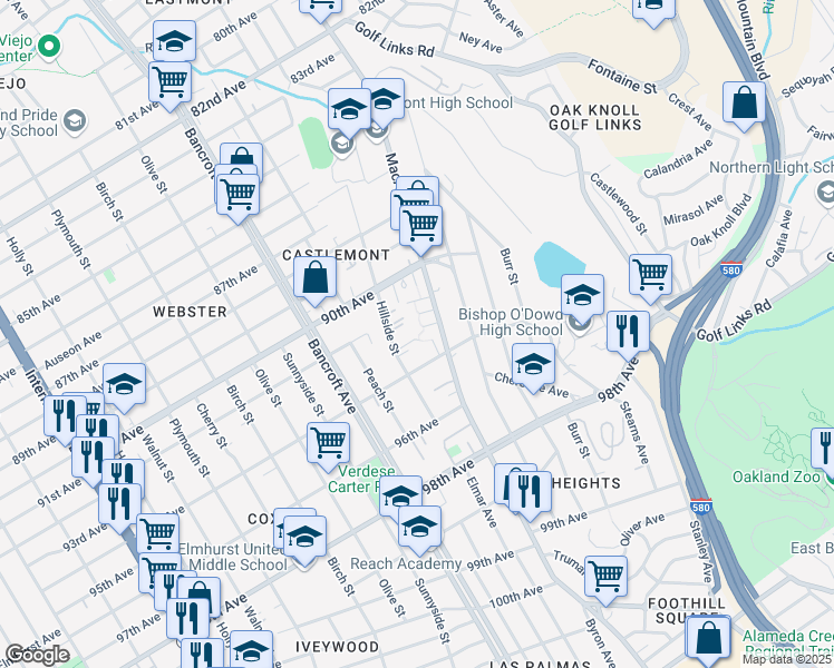 map of restaurants, bars, coffee shops, grocery stores, and more near 2465 Siesta Lane in Oakland