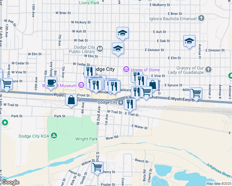 map of restaurants, bars, coffee shops, grocery stores, and more near Gunsmoke Street in Dodge City