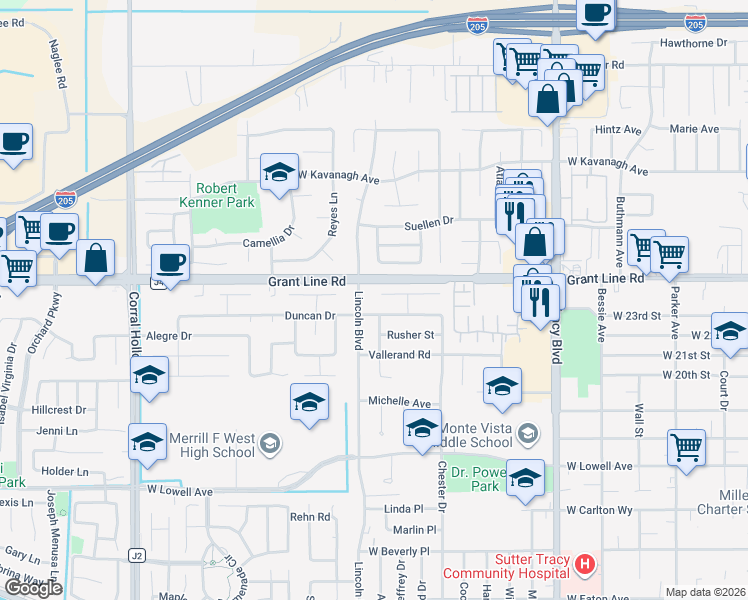 map of restaurants, bars, coffee shops, grocery stores, and more near 1350 Johnson Ct in Tracy