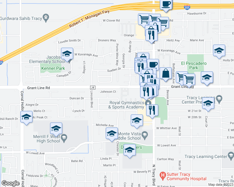 map of restaurants, bars, coffee shops, grocery stores, and more near 1132 Johnson Court in Tracy