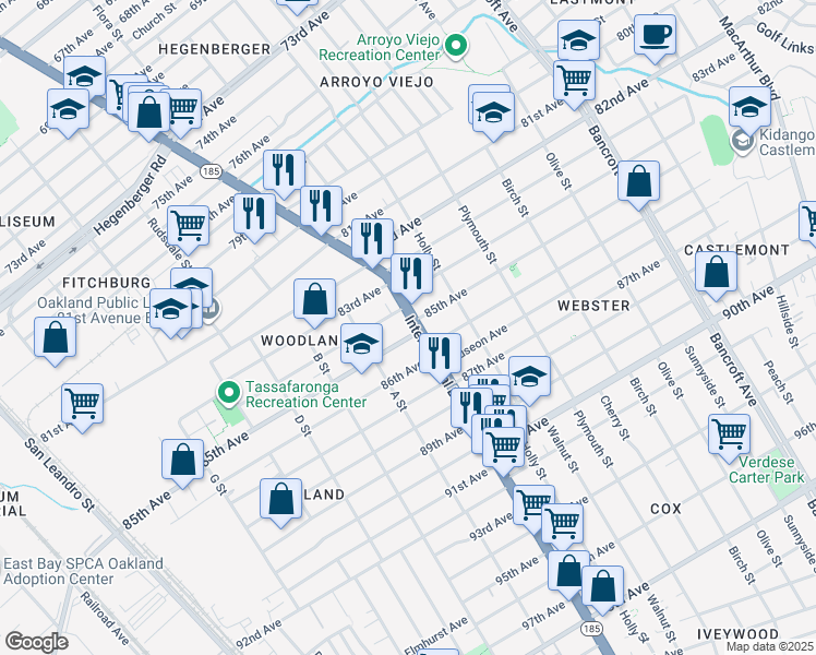 map of restaurants, bars, coffee shops, grocery stores, and more near 8429 International Boulevard in Oakland