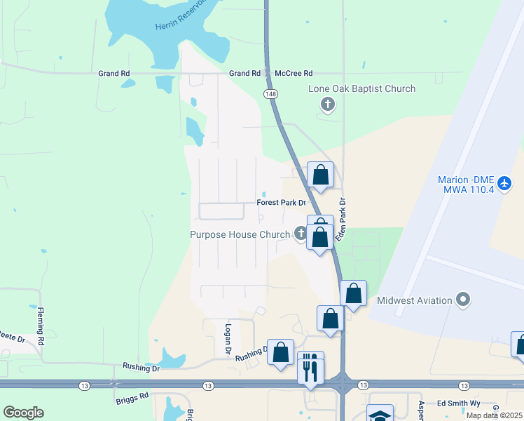 map of restaurants, bars, coffee shops, grocery stores, and more near 3107 Magnolia Lane in Herrin