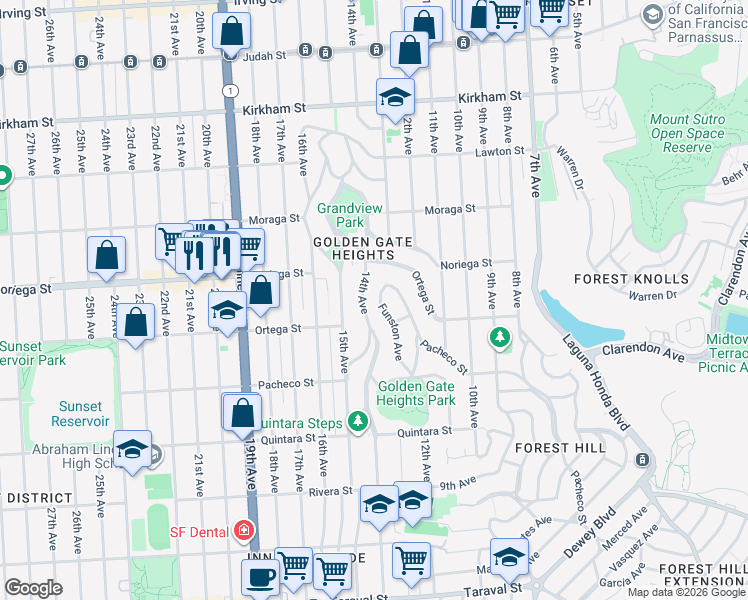 map of restaurants, bars, coffee shops, grocery stores, and more near 1865 Funston Avenue in San Francisco