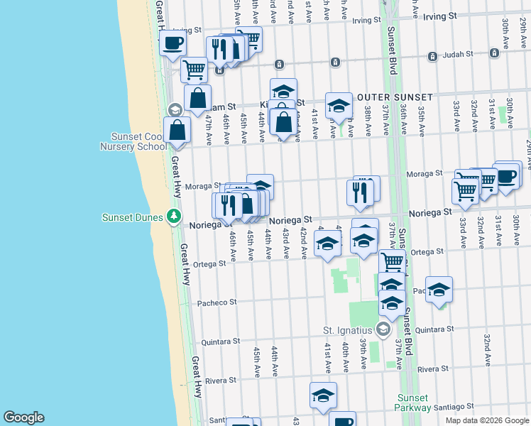 map of restaurants, bars, coffee shops, grocery stores, and more near 1775 44th Avenue in San Francisco