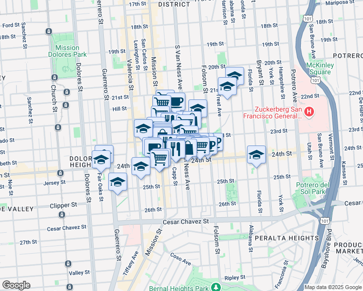 map of restaurants, bars, coffee shops, grocery stores, and more near 1218 South Van Ness Avenue in San Francisco