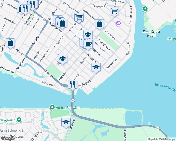 map of restaurants, bars, coffee shops, grocery stores, and more near 3262 San Jose Avenue in Alameda
