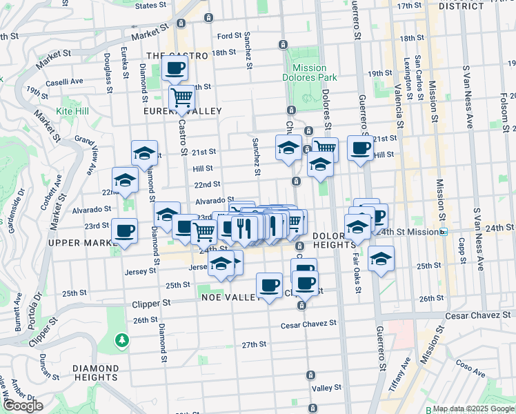 map of restaurants, bars, coffee shops, grocery stores, and more near 980 Sanchez Street in San Francisco