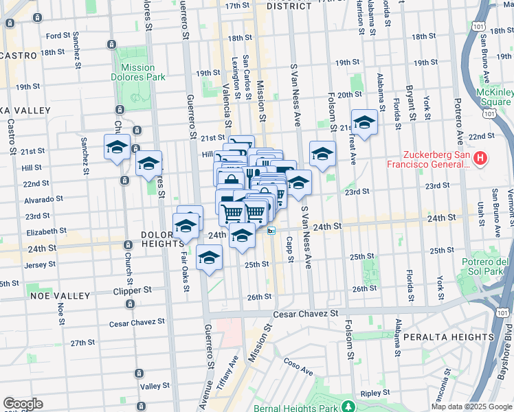 map of restaurants, bars, coffee shops, grocery stores, and more near 2748 Mission Street in San Francisco