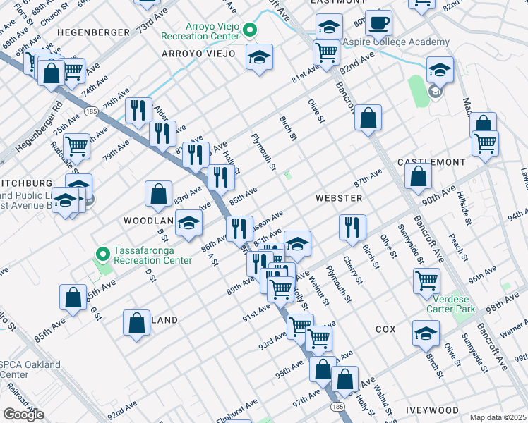 map of restaurants, bars, coffee shops, grocery stores, and more near 1600 86th Avenue in Oakland