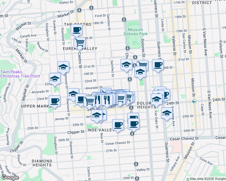 map of restaurants, bars, coffee shops, grocery stores, and more near 980 Sanchez Street in San Francisco