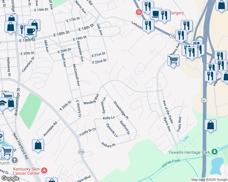 map of restaurants, bars, coffee shops, grocery stores, and more near 2636 Landing Terrace in Owensboro