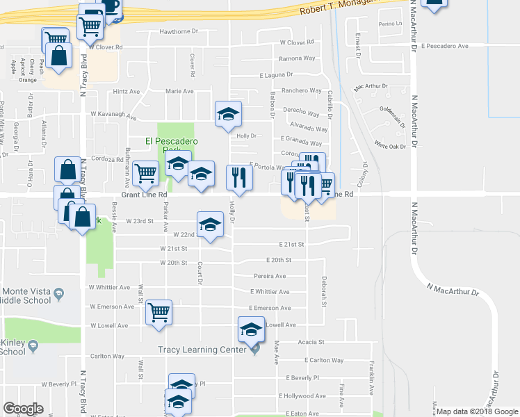 map of restaurants, bars, coffee shops, grocery stores, and more near 130 East Grant Line Road in Tracy