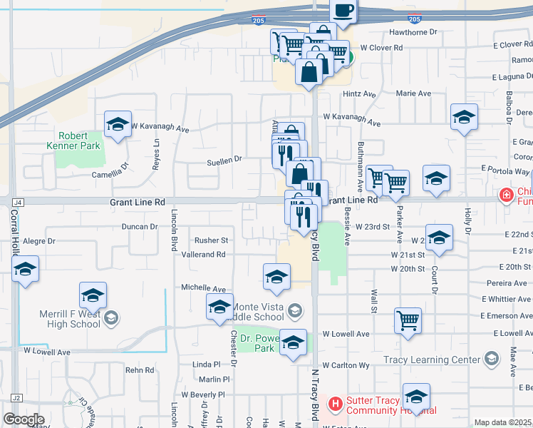 map of restaurants, bars, coffee shops, grocery stores, and more near 950 Grant Line Road in Tracy